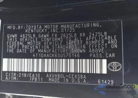 2025 Toyota Camry Se из США, поврежденный, VIN 4T1DAACK6SU575146